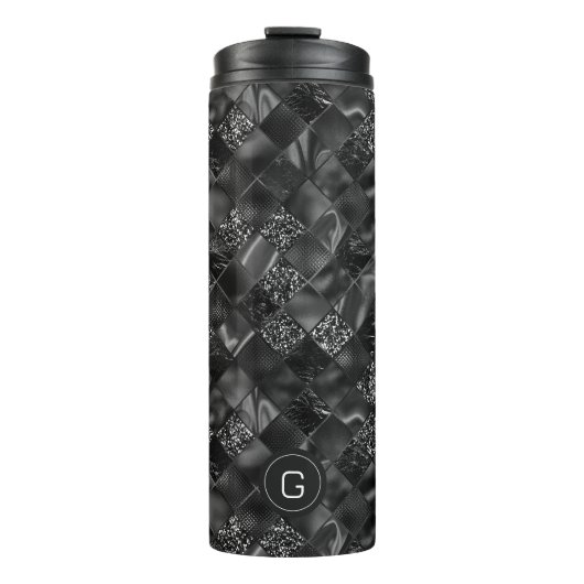 Moderne Monogrammed Zwart Faux Glitter Patroon Thermosbeker (Voorkant)