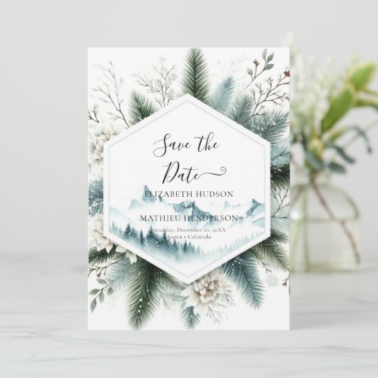 Moderne mooie berg bruiloft save the date (Staand voorkant)