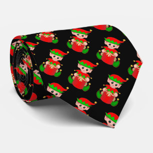 Moderne Mooie Kerst Elf Patroon op Zwart Stropdas