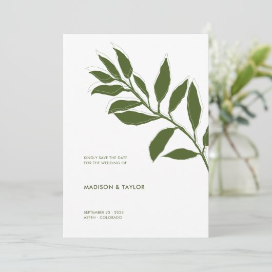 Moderne Moss Green Two Tone Botanical Illustratie Save The Date (Staand voorkant)