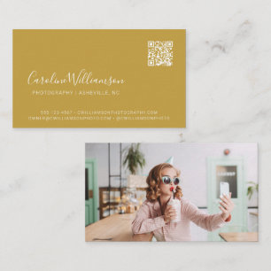 Moderne Mosterd Gele Script Foto QR Code Trendy Visitekaartje