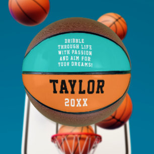 Moderne motivatie turquoise oranje naam typografie basketbal
