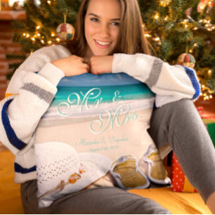 Moderne Mr & Mrs Tropical Zomer Strand Bruiloft Kussen