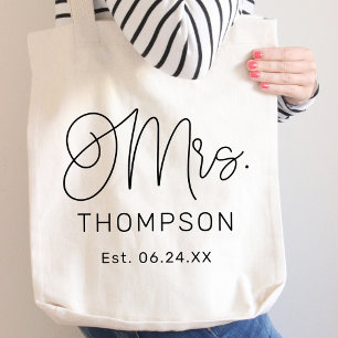 Moderne 'Mrs Calligraphy Monogram Trouwdatum' Tote Bag