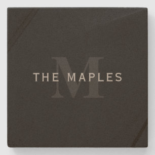 Moderne naam en monogram Grijs en zwart Stenen Onderzetter