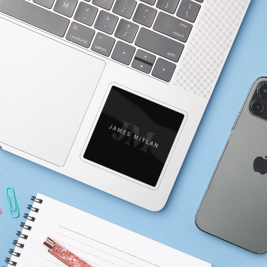 Moderne naam en monogram | Grijs en zwart Sticker (Laptop met iPhone)