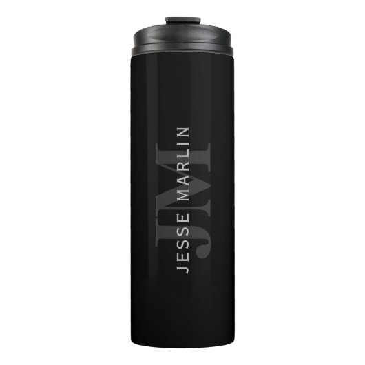 Moderne naam en monogram | Grijs en zwart Thermosbeker (Voorkant)