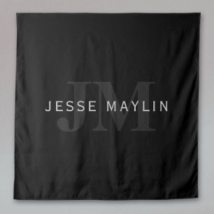 Moderne naam en monogram Grijs en zwart Wandkleed