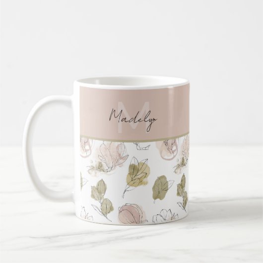 Moderne naam monogram bloemig meisjesachtig koffiemok (Links)