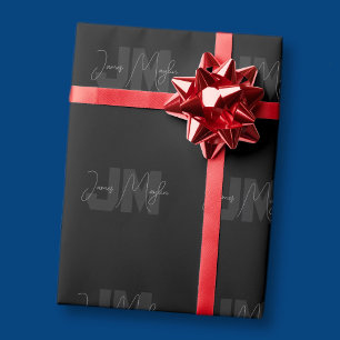 Moderne naam & monogram Grijs & Zwart Cadeaupapier