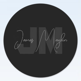 Moderne naam & monogram Grijs & Zwart Ronde Sticker