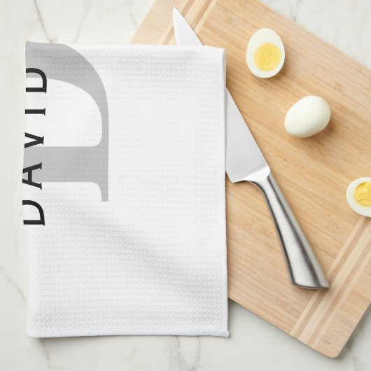 Moderne naam & Monogram | Wit Zwart & Grijs Theedoek (Quarter Fold)