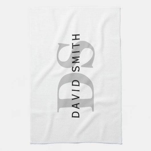 Moderne naam & Monogram | Wit Zwart & Grijs Theedoek (Verticaal)