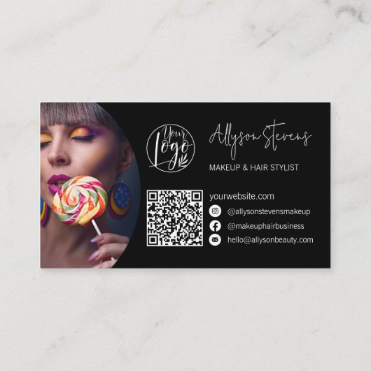 Moderne naam vet script make-up logo qr zwart visitekaartje (Achterkant)