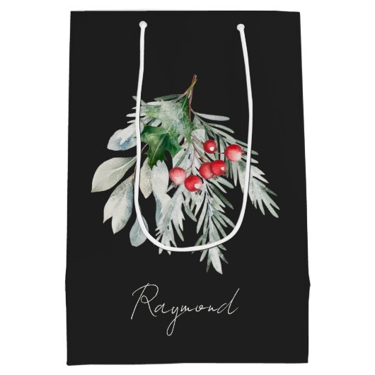 Moderne naam Waterverf Script Vrolijk kerstfeest Medium Cadeauzakje (Achterkant)