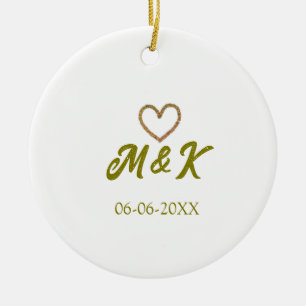 Moderne naamletter van trouwpaar met gouden hart keramisch ornament