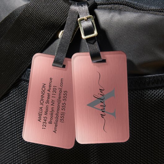 Moderne namaak roze gouden schrijfwijze monogram, bagagelabel