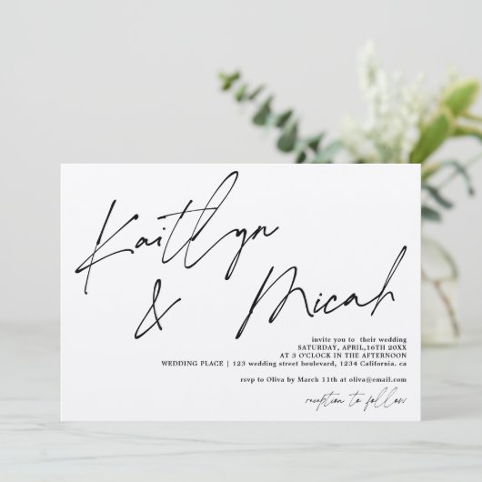Moderne namen script calligraphy chic bruiloft kaart (Staand voorkant)