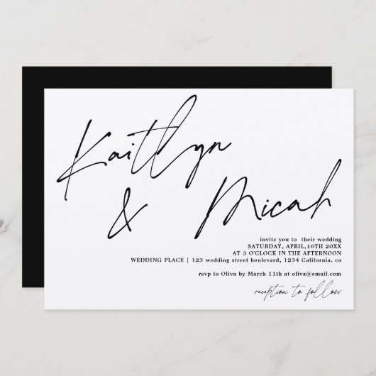 Moderne namen script calligraphy chic bruiloft kaart (Voorkant / Achterkant)