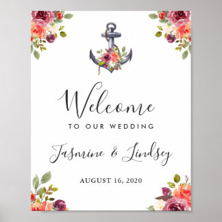 Moderne Nautical Anchor Floral Wedding Welcome Sig Poster