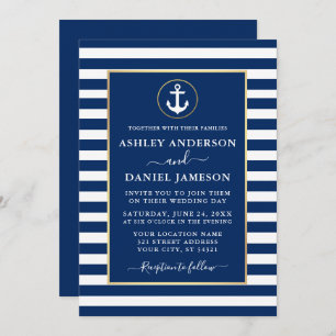 Moderne Nautical Anchor Gold Blue Stripes Wedding Kaart