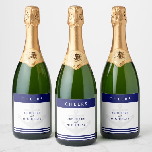 Moderne Nautical Anchor Wedding Sparkling Wijnetiket (Flessen)