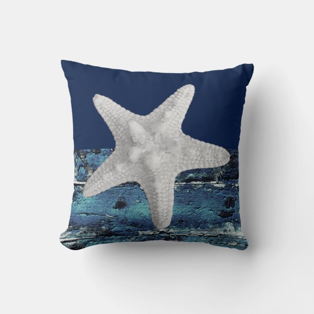 Moderne Nautical Beach Navy Blue Starfish Kussen (Voorkant)