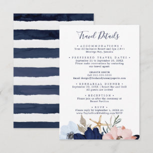Moderne Nautical Floral Wedding Travel Details Informatiekaartje