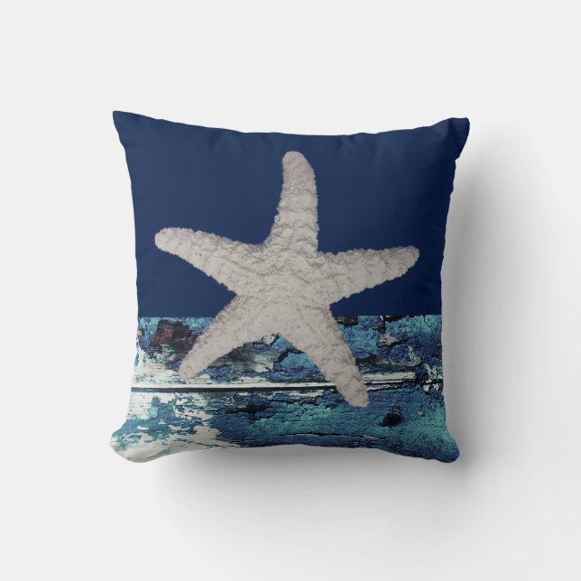 Moderne Nautical Navy Blue Beach Starfish Kussen (Voorkant)