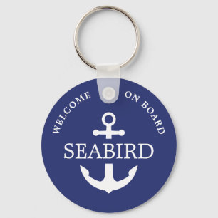 Moderne nautische anker bootnaam wit blauw sleutelhanger
