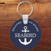 Moderne Nautische Anker Bootnaam Wit Navy Blauw Sleutelhanger (Voorkant)