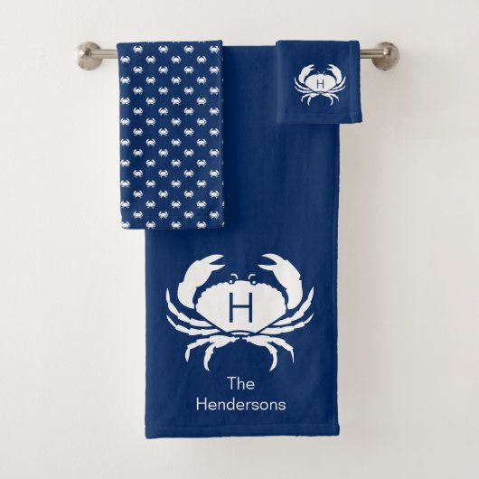 Moderne nautische marine blauwe krab monogram naam bad handdoek (Insitu)