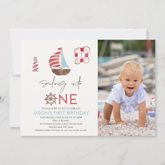 Moderne nautische zeilen in één 1e verjaardag kaart (Voorkant)