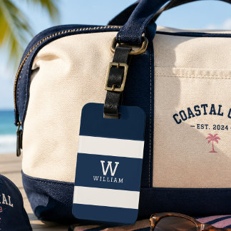 Moderne Navy Beige Kuststreep Monogram Naam Bagagelabel