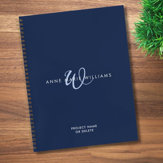 Moderne Navy Blau Wit Script Monogram Notitieboek