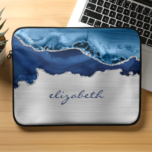 Moderne Navy Blau Zilveren Agate Metaal Laptop Sleeve