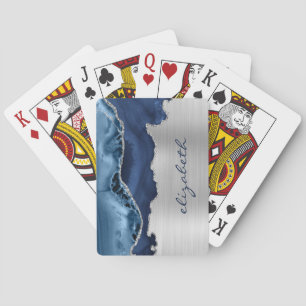 Moderne Navy Blau Zilveren Agaten Metaalglans Pokerkaarten