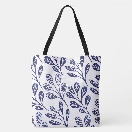 Moderne Navy Blauw & Wit Bloemenkrans Draagtas (Achterkant)