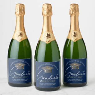 Moderne Navy Blauwe Afstudeerfeest Sparkling Wijnetiket