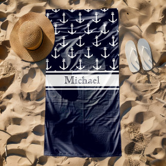 Moderne Navy Blauwe Anker Patroonnaam Nautilus Strandlaken