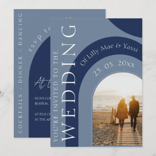 Moderne Navy Blauwe Boog Foto Bruiloft Kaart