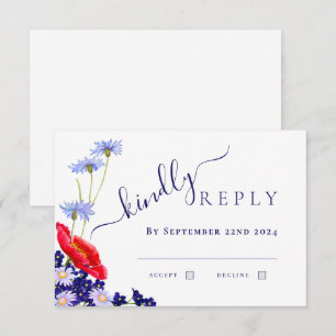 Moderne Navy Blauwe Elegante Zomer Bloemige Trouwj RSVP Kaartje