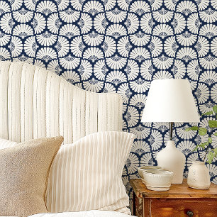 Moderne Navy Blauwe en Witte Ogee Palmwaaier Behang