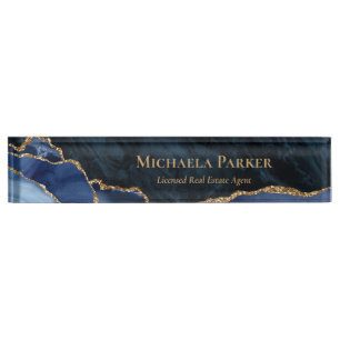 Moderne Navy Blauwe Goud Agate Geode Makelaardij Naambordje