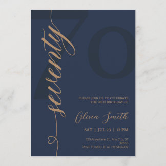 Moderne Navy Blauwe & Gouden 70e Verjaardagsfeest Kaart