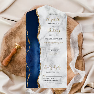 Moderne Navy Blauwe Gouden Agaat Marmeren Trouwkaa All In One Uitnodiging