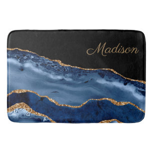 Moderne Navy Blauwe Gouden Marmer Glitter Monogram Badmat