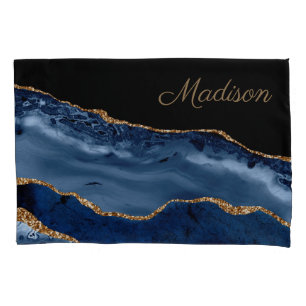 Moderne Navy Blauwe Gouden Marmer Glitter Monogram Kussensloop