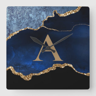 Moderne Navy Blauwe Gouden Marmer Glitter Monogram Vierkante Klok