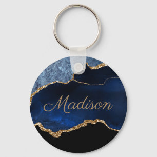 Moderne Navy Blauwe Gouden Marmer Glitter Voornaam Sleutelhanger